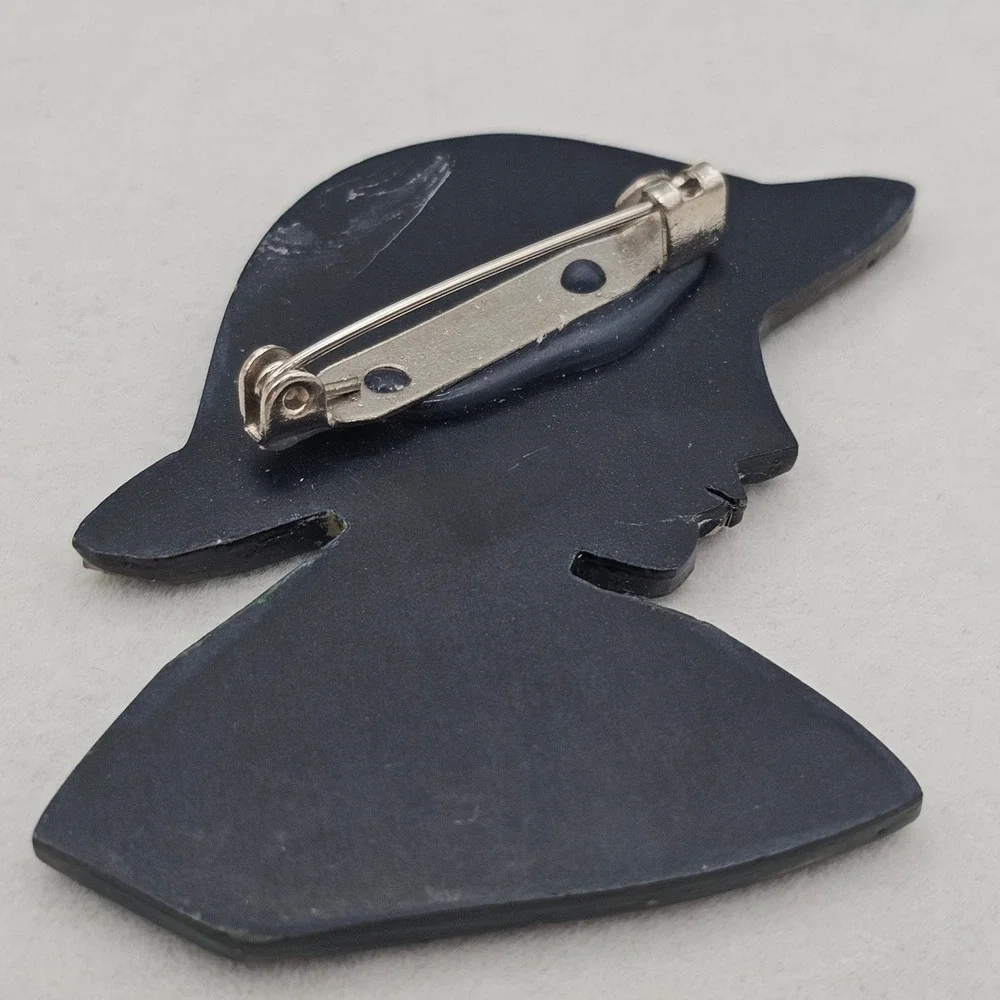 Vintage Abalone Shell Inlay Brooch Pin Set Lady in Hat Silhouette Mosaic Art